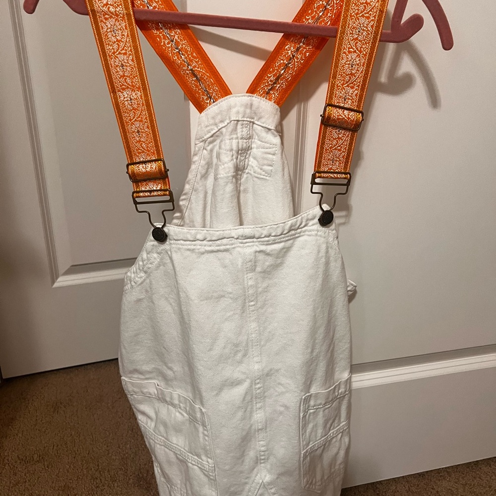 White Denim Overall Dress with Orange Patterned Suspenders